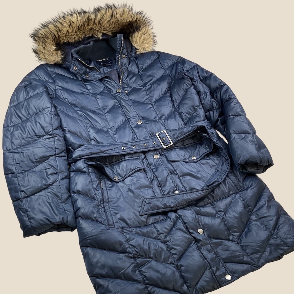 Lands' End Womens Navy Blue Down Insulated Belted Puffer Parka Faux Fur Hood L